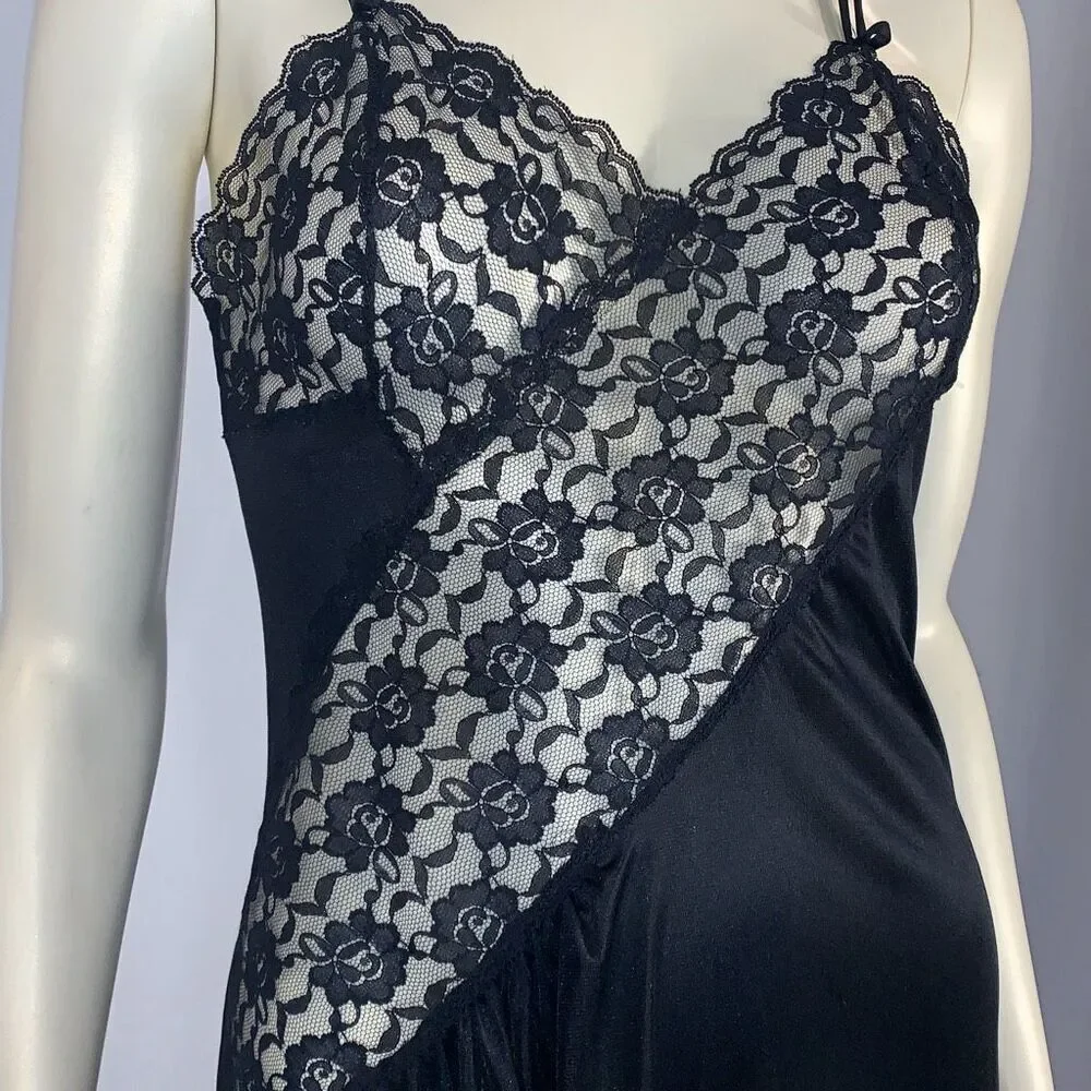 Vintage 70's Black Lingerie Slip Dress Maxi Long Dress High Slit See through Wai - Picture 12 of 16